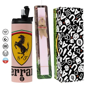 Ferrari S.p.A., Πασχαλινή Λαμπάδα με  ΡΟΖ Travel Tumbler θερμό (600ml, BPA free) & κερί αρωματικό πλακέ (30cm) (ΡΟΖ)