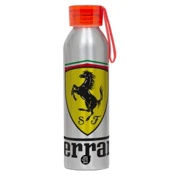 Ferrari S.p.A., Αλουμινένιο Αθλητικό Μπουκάλι 650ml – Ασημί με Κόκκινο Καπάκι και Λουράκι Σιλικόνης