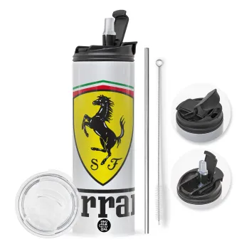 Ferrari S.p.A., Travel Tumbler θερμό με διπλό καπάκι, μεταλλικό καλαμάκι και βούρτσα καθαρισμού (Ανωξείδωτο 304 Food grade, BPA free, 600ml)
