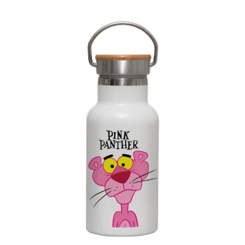 Pink Panther cartoon, Μεταλλικό παγούρι θερμός (Stainless steel) Λευκό με ξύλινο καπακι (bamboo), διπλού τοιχώματος, 350ml