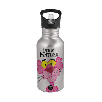 Pink Panther cartoon, Παγούρι νερού Ασημένιο με καλαμάκι, ανοξείδωτο ατσάλι 500ml