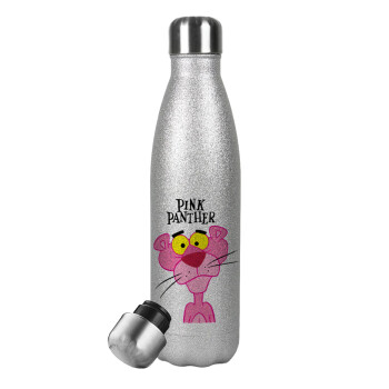 Pink Panther cartoon, Μεταλλικό παγούρι θερμός Glitter Aσημένιο (Stainless steel), διπλού τοιχώματος, 500ml
