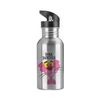 Pink Panther cartoon, Παγούρι νερού Ασημένιο με καλαμάκι, ανοξείδωτο ατσάλι 600ml