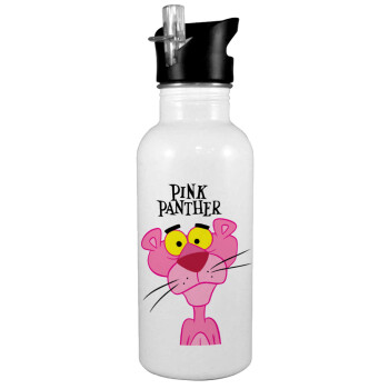 Pink Panther cartoon, Παγούρι νερού Λευκό με καλαμάκι, ανοξείδωτο ατσάλι 600ml
