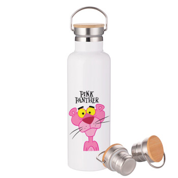 Pink Panther cartoon, Stainless steel White with wooden lid (bamboo), double wall, 750ml