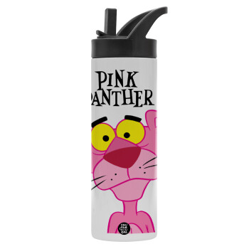 Pink Panther cartoon, Μεταλλικό παγούρι θερμός με καλαμάκι & χειρολαβή, ανοξείδωτο ατσάλι (Stainless steel 304), διπλού τοιχώματος, 600ml