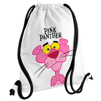 Pink Panther cartoon, Τσάντα πλάτης πουγκί GYMBAG λευκή, με τσέπη (40x48cm) & χονδρά κορδόνια