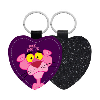 Pink Panther cartoon, Μπρελόκ PU δερμάτινο glitter καρδιά ΜΑΥΡΟ