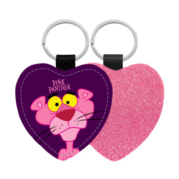 Pink Panther cartoon, Μπρελόκ PU δερμάτινο glitter καρδιά ΡΟΖ