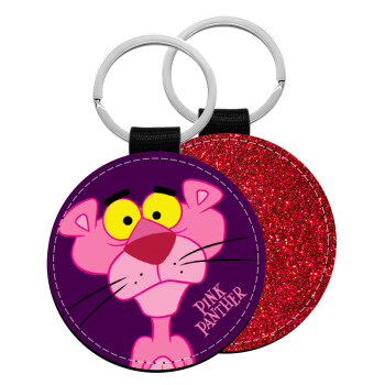 Pink Panther cartoon, Μπρελόκ Δερματίνη, στρογγυλό ΚΟΚΚΙΝΟ (5cm)