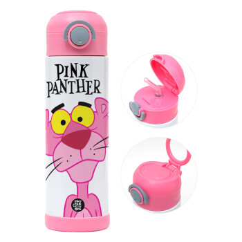 Pink Panther cartoon, Παιδικό παγούρι θερμό, ανοξείδωτο, με καλαμάκι ασφαλείας, ΡΟΖ (500ml)