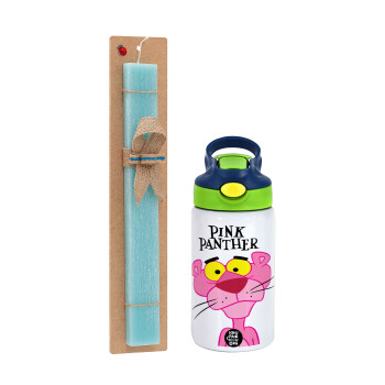 Pink Panther cartoon, Easter Set, Children's thermal stainless steel bottle with safety straw, green/blue (350ml) & aromatic flat Easter candle (30cm) (TURQUOISE)