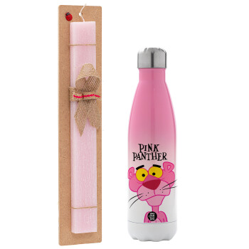 Pink Panther cartoon, Easter Set, Metallic pink/white (Stainless steel) thermos, double-walled, 500ml & aromatic flat Easter candle (30cm) (PINK)