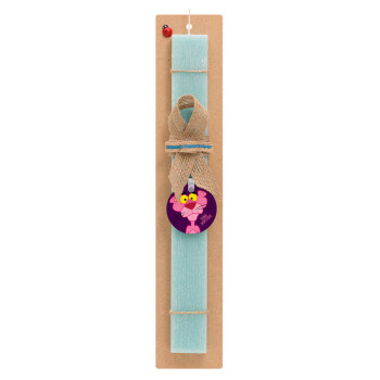 Pink Panther cartoon, Easter Set, wooden keychain & aromatic flat Easter candle (30cm) (TURQUOISE)