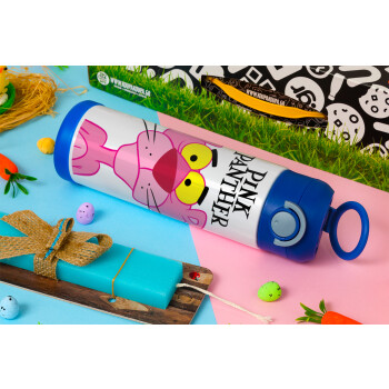 Pink Panther cartoon, Easter candle, Childrens hot water bottle, stainless steel, with safety straw, BLUE (500ml)