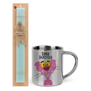 Pink Panther cartoon, Πασχαλινό Σετ, μεταλλική κούπα θερμό (300ml) & πασχαλινή λαμπάδα αρωματική πλακέ (30cm) (ΤΙΡΚΟΥΑΖ)