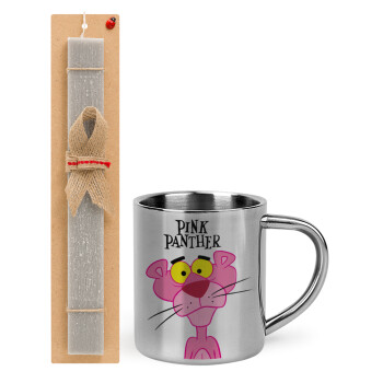 Pink Panther cartoon, Easter Set, metallic thermal cup (300ml) & Easter aromatic flat candle (30cm) (GRAY)