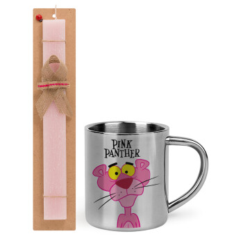 Pink Panther cartoon, Easter Set, metallic thermal cup (300ml) & aromatic flat Easter candle (30cm) (PINK)