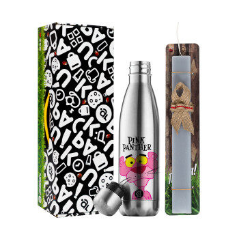 Pink Panther cartoon, Easter Set, metallic stainless thermos flask (500ml) & scented flat Easter candle (30cm) (GRAY)