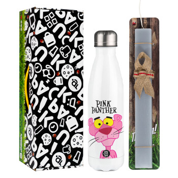 Pink Panther cartoon, Easter candle, metallic white thermos bottle (500ml) & aromatic flat candle (30cm) (GRAY)