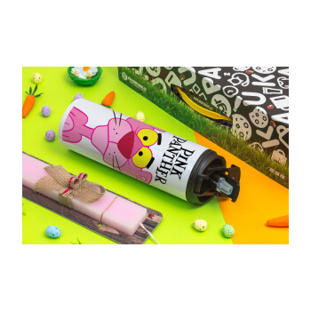 Pink Panther cartoon, Πασχαλινή Λαμπάδα με Travel Tumbler θερμό με διπλό καπάκι (600ml, BPA free) & κερί αρωματικό πλακέ (30cm) (ΡΟΖ)