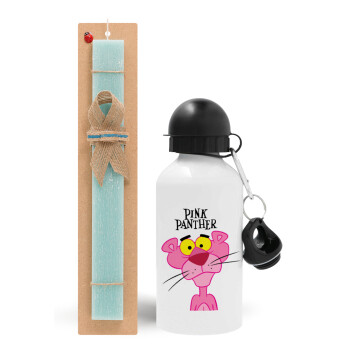 Pink Panther cartoon, Easter Set, metallic aluminum water bottle (500ml) & scented flat candle (30cm) (TURQUOISE)