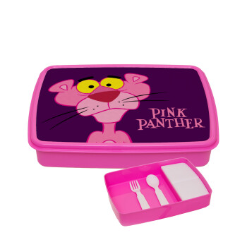 Pink Panther cartoon, ΡΟΖ παιδικό δοχείο φαγητού (lunchbox) πλαστικό με παιδικά μαχαιροπίρουρα & 2 εσωτερικά δοχεία (BPA-FREE) Lunch Βox M23 x Π18 x Υ4cm