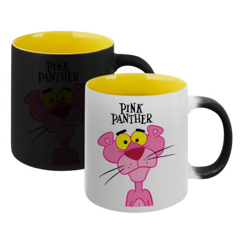Pink Panther cartoon, Κούπα Μαγική εσωτερικό κίτρινη, κεραμική 330ml που αλλάζει χρώμα με το ζεστό ρόφημα (1 τεμάχιο)