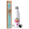 Easter Set, metallic stainless steel water bottle (750ml) & aromatic flat Easter candle (30cm) (TURQUOISE)