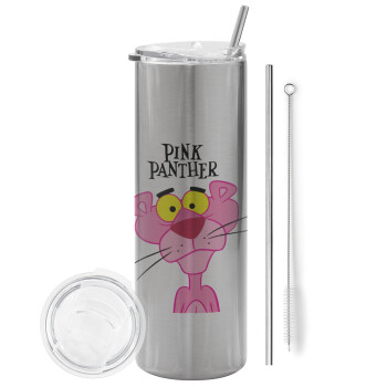 Pink Panther cartoon, Eco friendly ποτήρι θερμό Ασημένιο (tumbler) από ανοξείδωτο ατσάλι 600ml, με μεταλλικό καλαμάκι & βούρτσα καθαρισμού