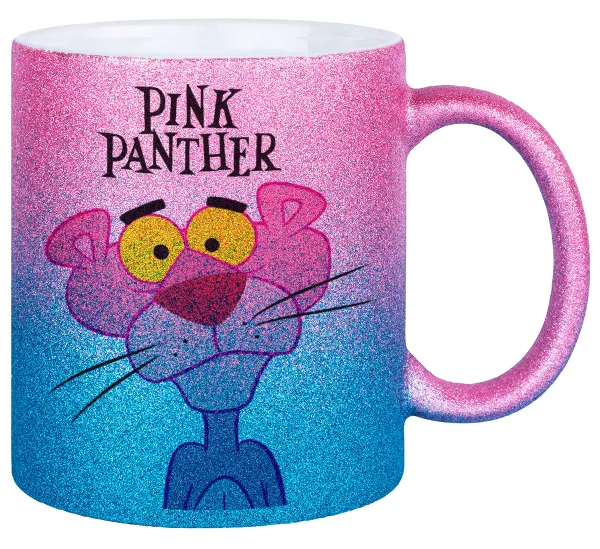 Pink Panther cartoon — Gold/blue glitter mug, ceramic, 330ml