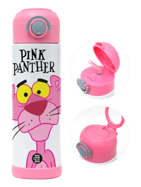 Pink Panther cartoon — Παιδικό παγούρι θερμό, ανοξείδωτο, με καλαμάκι ασφαλείας, ΡΟΖ (500ml)