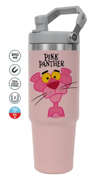 Pink Panther cartoon — ΡΟΖ Travel Tumbler Θερμός με χερούλι και καλαμάκι 890ml