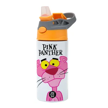 Pink Panther cartoon, Παιδικό παγούρι θερμό, ανοξείδωτο, με καλαμάκι ασφαλείας, Πορτοκαλί/Γκρι (360ml) BPA-FREE