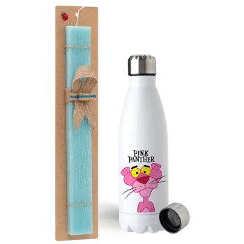 Pink Panther cartoon, Easter Set, metallic stainless steel water bottle (750ml) & aromatic flat Easter candle (30cm) (TURQUOISE)