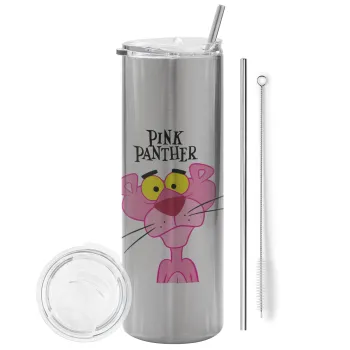 Pink Panther cartoon, Tumbler ποτήρι θερμό Ασημένιο από ανοξείδωτο ατσάλι 600ml, με μεταλλικό καλαμάκι & βούρτσα καθαρισμού
