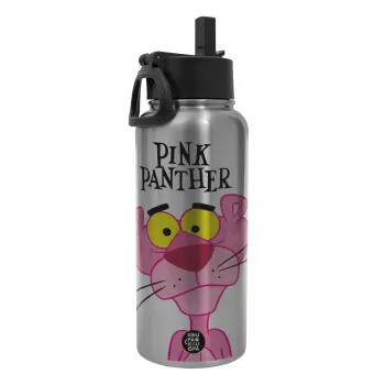 Pink Panther cartoon, Metal mug thermo Silver with Straw and Spout Lid (Stainless steel), double wall, 950ml