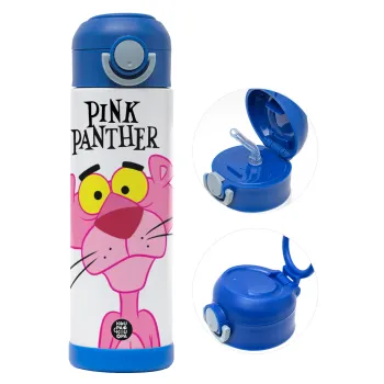 Pink Panther cartoon, Παιδικό παγούρι θερμό, ανοξείδωτο, με καλαμάκι ασφαλείας, ΜΠΛΕ (500ml)
