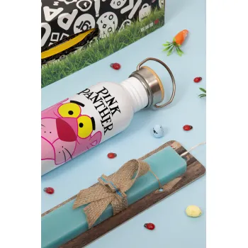 Pink Panther cartoon, Πασχαλινή Λαμπάδα με παγούρι μεταλλικό (620ml, stainless steel) & κερί αρωματικό πλακέ (30cm) (ΤΙΡΚΟΥΑΖ)