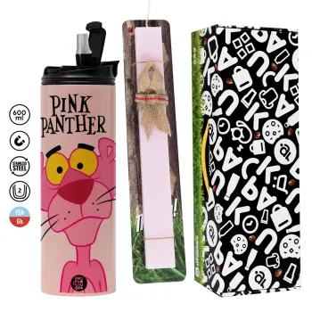 Pink Panther cartoon, Πασχαλινή Λαμπάδα με  ΡΟΖ Travel Tumbler θερμό (600ml, BPA free) & κερί αρωματικό πλακέ (30cm) (ΡΟΖ)