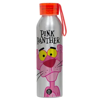 Pink Panther cartoon, Αλουμινένιο Αθλητικό Μπουκάλι 650ml – Ασημί με Κόκκινο Καπάκι και Λουράκι Σιλικόνης