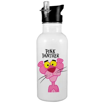 Pink Panther cartoon, White water bottle with straw, stainless steel 600ml