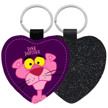 Pink Panther cartoon, Μπρελόκ PU δερμάτινο glitter καρδιά ΜΑΥΡΟ