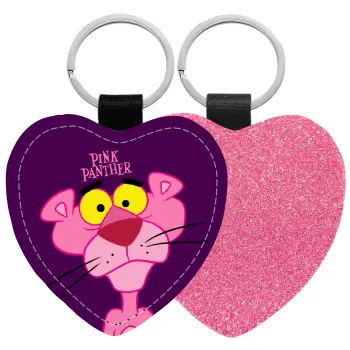 Pink Panther cartoon, Μπρελόκ PU δερμάτινο glitter καρδιά ΡΟΖ