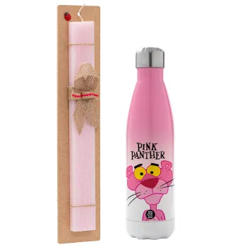 Pink Panther cartoon, Easter Set, Metallic pink/white (Stainless steel) thermos, double-walled, 500ml & aromatic flat Easter candle (30cm) (PINK)