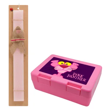 Pink Panther cartoon, Easter Set, children's snack container PINK & scented flat Easter candle (30cm) (PINK)