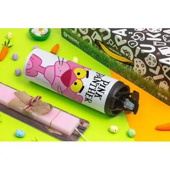 Pink Panther cartoon, Πασχαλινή Λαμπάδα με Travel Tumbler θερμό με διπλό καπάκι (600ml, BPA free) & κερί αρωματικό πλακέ (30cm) (ΡΟΖ)