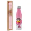 Easter Set, Metallic pink/white (Stainless steel) thermos, double-walled, 500ml & aromatic flat Easter candle (30cm) (PINK)
