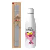 Easter Set, metallic stainless thermos bottle (500ml) & scented flat Easter candle (30cm) (GRAY)