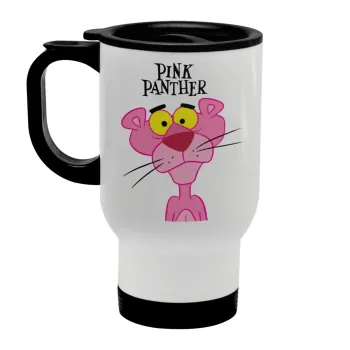 Pink Panther cartoon, Stainless steel travel mug with lid, double wall white 450ml